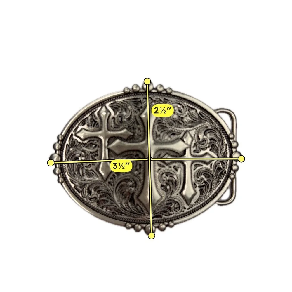 Gothic Belt Buckle Unisex OS Silver Toned Triple Cross Western Filigree Engraved